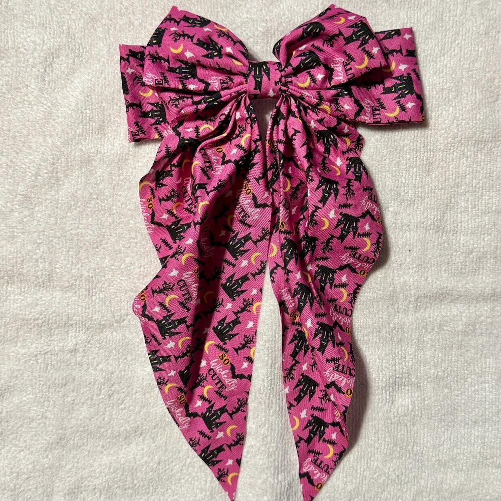 Pink with Black Castles Moons Bats Fabric Hair Bow
